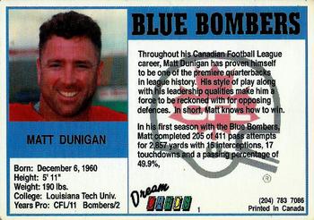1993 Dream Cards Winnipeg Blue Bombers #1 Matt Dunigan Back