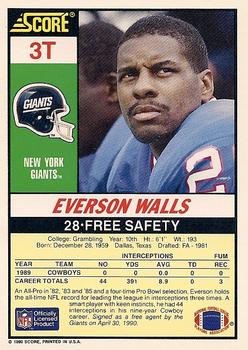 1990 Score Rookie & Traded #3T Everson Walls Back