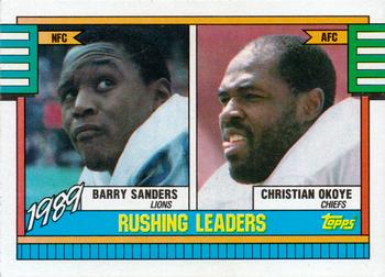 1990 Topps #28 1989 Rushing Leaders (Barry Sanders / Christian Okoye) Front
