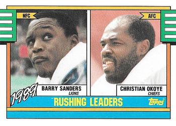 1990 Topps #28 1989 Rushing Leaders (Barry Sanders / Christian Okoye) Front