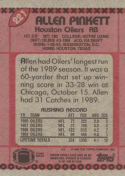 1990 Topps #221 Allen Pinkett Back
