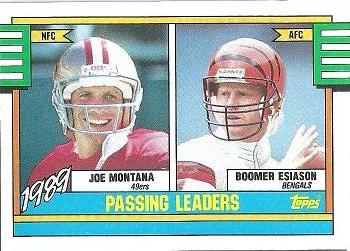 1990 Topps #229 1989 Passing Leaders (Joe Montana / Boomer Esiason) Front