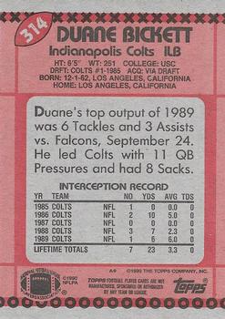 1990 Topps #314 Duane Bickett Back