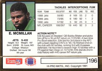1991 Action Packed #196 Erik McMillan Back