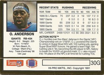 1991 Action Packed - 24K Gold #30G Ottis Anderson Back