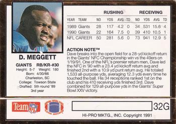 1991 Action Packed - 24K Gold #32G Dave Meggett Back