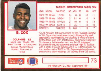 1991 Action Packed Rookie/Update #73 Bryan Cox Back