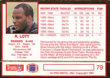 1991 Action Packed Rookie/Update #79 Ronnie Lott Back