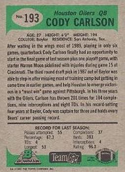 1991 Bowman #193 Cody Carlson Back