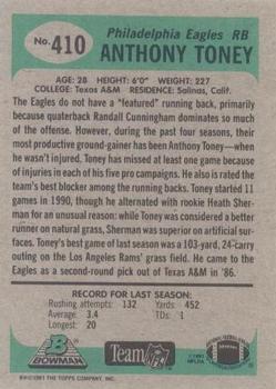 1991 Bowman #410 Anthony Toney Back