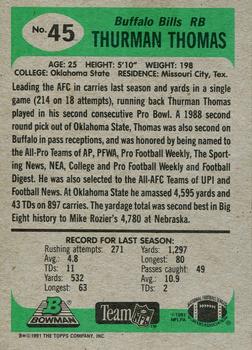 1991 Bowman #45 Thurman Thomas Back