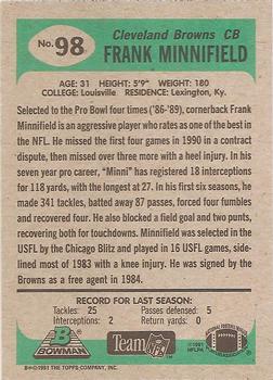 1991 Bowman #98 Frank Minnifield Back