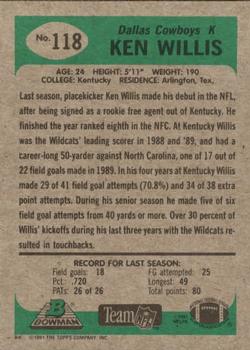 1991 Bowman #118 Ken Willis Back
