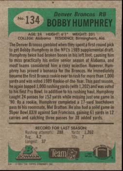 1991 Bowman #134 Bobby Humphrey Back