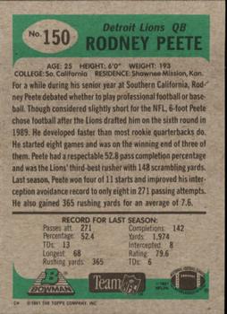 1991 Bowman #150 Rodney Peete Back