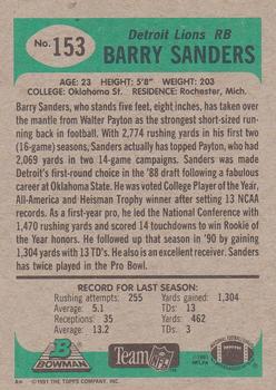 1991 Bowman #153 Barry Sanders Back