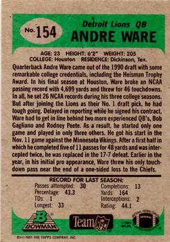 1991 Bowman #154 Andre Ware Back