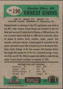 1991 Bowman #190 Ernest Givins Back