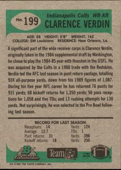 1991 Bowman #199 Clarence Verdin Back