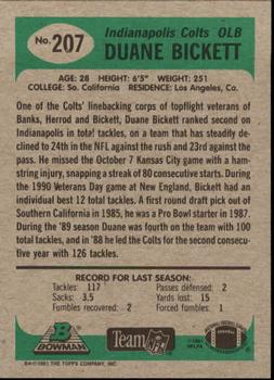 1991 Bowman #207 Duane Bickett Back
