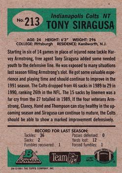1991 Bowman #213 Tony Siragusa Back