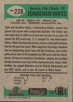 1991 Bowman #228 Jonathan Hayes Back