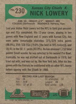 1991 Bowman #230 Nick Lowery Back