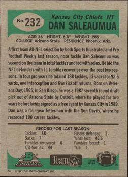 1991 Bowman #232 Dan Saleaumua Back