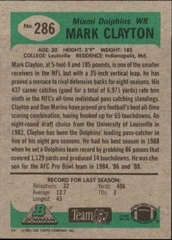 1991 Bowman #286 Mark Clayton Back