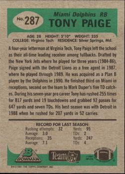 1991 Bowman #287 Tony Paige Back