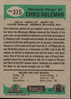 1991 Bowman #315 Chris Doleman Back