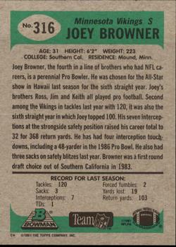 1991 Bowman #316 Joey Browner Back