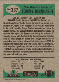 1991 Bowman #337 Tommy Barnhardt Back