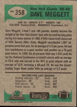 1991 Bowman #358 Dave Meggett Back