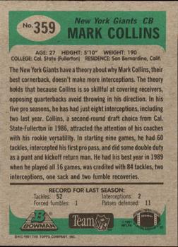 1991 Bowman #359 Mark Collins Back