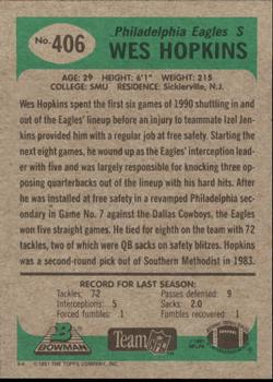 1991 Bowman #406 Wes Hopkins Back