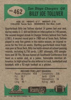 1991 Bowman #462 Billy Joe Tolliver Back