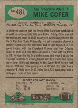 1991 Bowman #481 Mike Cofer Back