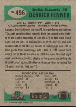 1991 Bowman #496 Derrick Fenner Back