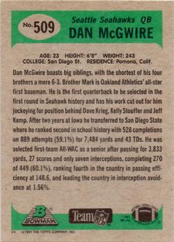 1991 Bowman #509 Dan McGwire Back