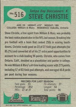 1991 Bowman #516 Steve Christie Back