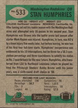 1991 Bowman #533 Stan Humphries Back