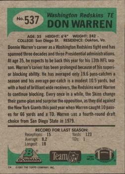 1991 Bowman #537 Don Warren Back