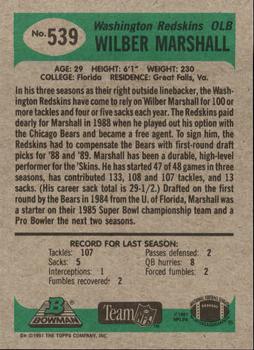 1991 Bowman #539 Wilber Marshall Back