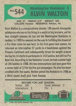 1991 Bowman #544 Alvin Walton Back