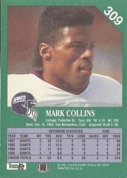 1991 Fleer #309 Mark Collins Back