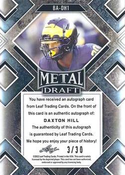 2022 Leaf Metal Draft - Autographs Prismatic Blue #BA-DH1 Daxton Hill Back