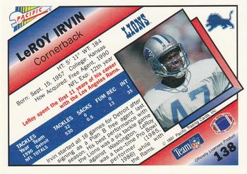 1991 Pacific #138 LeRoy Irvin Back