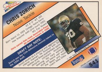 1991 Pacific #541 Chris Zorich Back