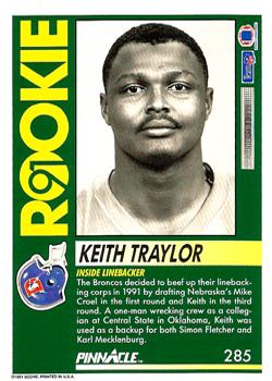 1991 Pinnacle #285 Keith Traylor Back